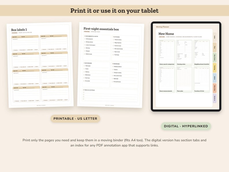 Puede incluir: Un conjunto de planificador de mudanzas digital e imprimible que incluye dos hojas de papel blancas con texto en negro tituladas Box labels 1 y First-night essentials box, junto a una tableta que muestra una p&aacute;gina New Home con pesta&ntilde;as.