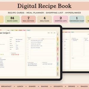 Digital Recipe Book, Hyperlinked Cookbook Template with 84 Cards, Meal Planner and Grocery List image 1