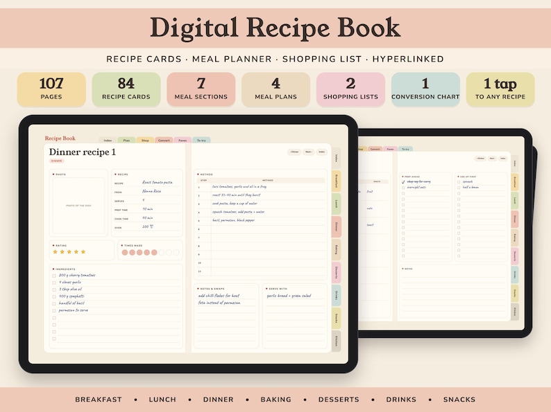 Digital Recipe Book, Hyperlinked Cookbook Template with 84 Cards, Meal Planner and Grocery List image 1