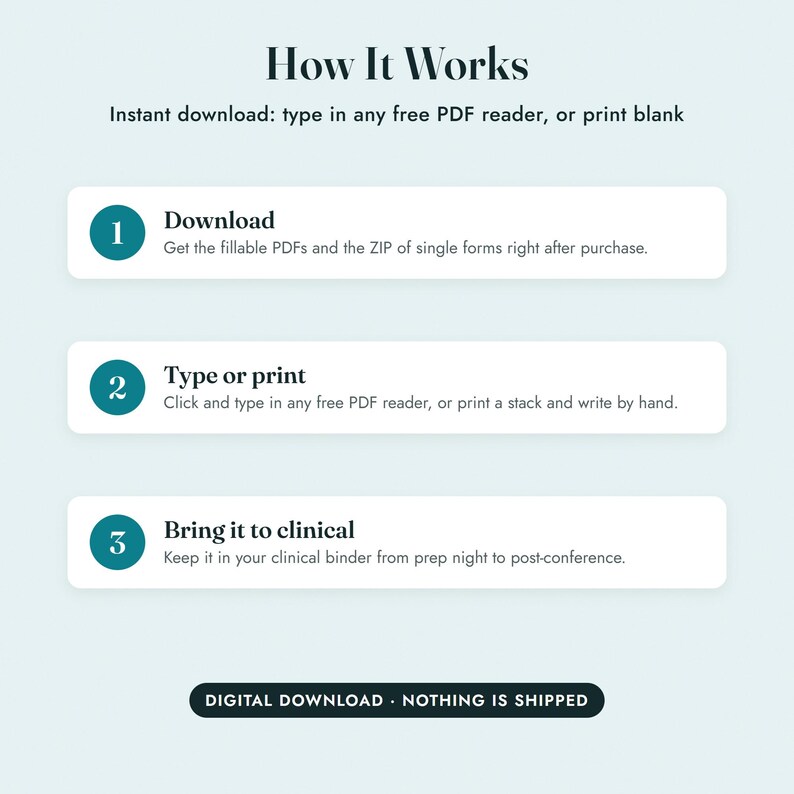 May include: An instructional graphic titled How It Works with a light blue background. It outlines three steps: 1. Download fillable PDFs, 2. Type or print forms, and 3. Bring it to clinical. A black button at the bottom states DIGITAL DOWNLOAD NOTHING IS SHIPPED.