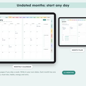May include: A digital ADHD planner displayed on two tablets, featuring an undated monthly calendar and a month plan layout. The interface includes colorful tabs, a January header, and sections for focus, goals, must-dos, habits, energy, and wins.