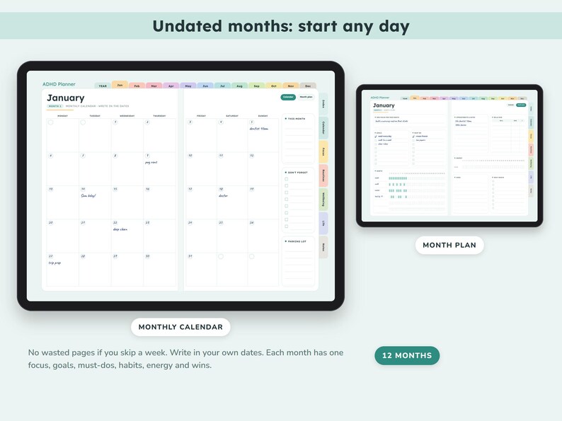 May include: A digital ADHD planner displayed on two tablets, featuring an undated monthly calendar and a month plan layout. The interface includes colorful tabs, a January header, and sections for focus, goals, must-dos, habits, energy, and wins.