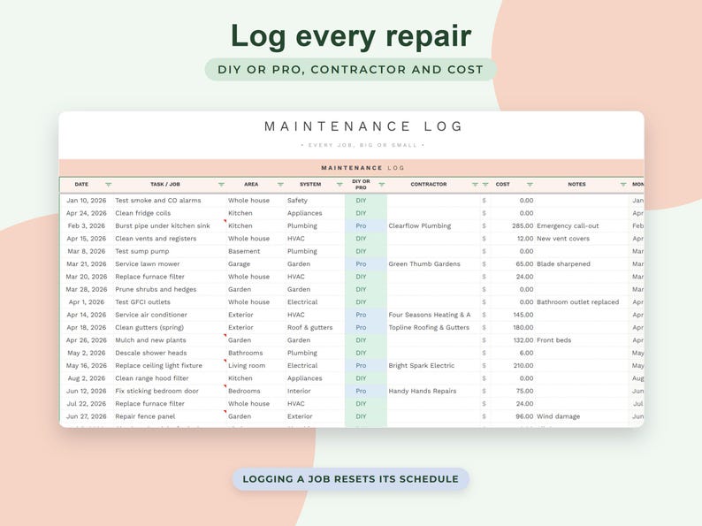 Home Maintenance Tracker Google Sheets, House Upkeep Schedule, Repair Log, Appliance Warranty Homeowner Planner image 4