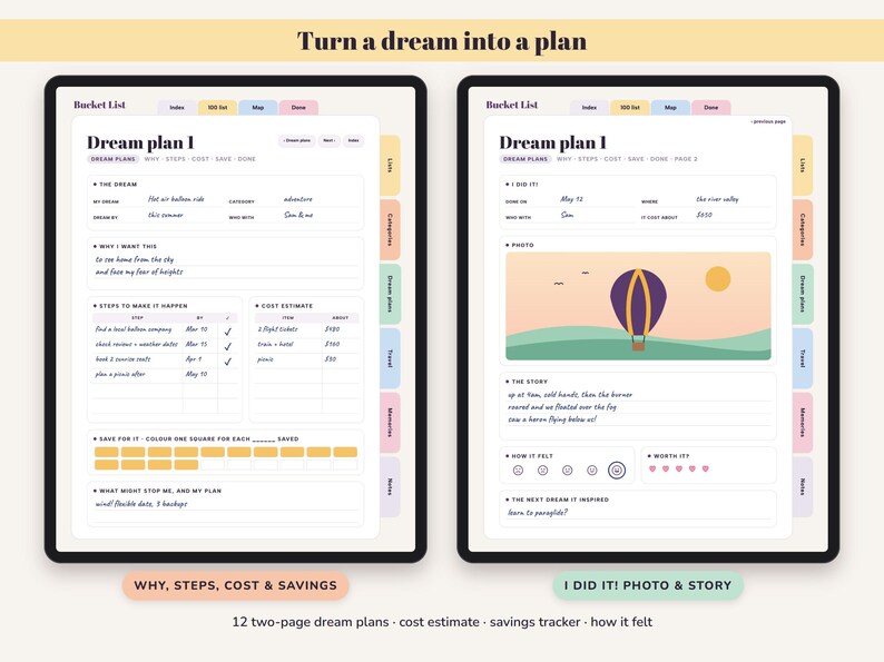 Bucket List Journal Printable, 100 Dreams, Travel Map, Goal Planner, Adventure Log, Digital Undated image 3