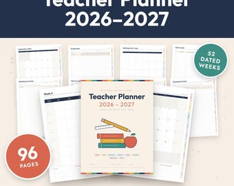 May include: A 96-page teacher planner for August 2026 through July 2027, featuring 52 dated weeks, letter and A4 sizing, and linked tabs. The cover displays a pencil, ruler, and apple illustration with the text Teacher Planner 2026-2027.