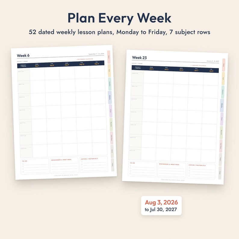 Lehrerplaner 2026-2027 (druckbar), datierter Unterrichtsplaner, Wochen- und Monatsplaner, Notenbuch, A4-Format Bild 4