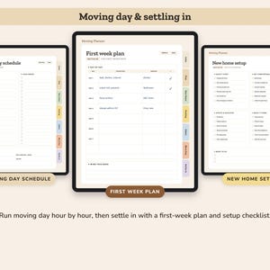 Puede incluir: Un planificador de mudanzas digital en tres pantallas que muestra un horario para el d&iacute;a de la mudanza, un plan para la primera semana y una lista de verificaci&oacute;n para el nuevo hogar, con pesta&ntilde;as laterales y listas organizadas.