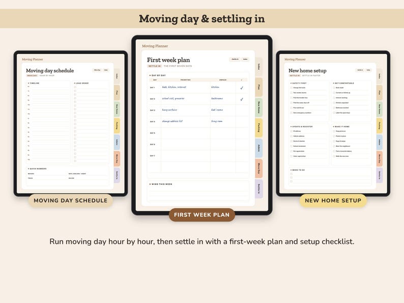 Puede incluir: Un planificador de mudanzas digital en tres pantallas que muestra un horario para el d&iacute;a de la mudanza, un plan para la primera semana y una lista de verificaci&oacute;n para el nuevo hogar, con pesta&ntilde;as laterales y listas organizadas.