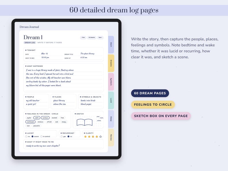 Dream Journal Printable, Lucid Dreaming Log, Symbol Dictionary, Sleep Tracker, Undated Digital Diary image 2