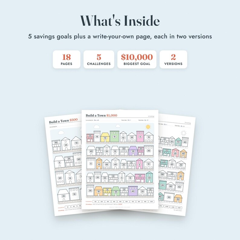 Savings Challenge Printable, Build a Town Color In Tracker, 500 to 10000, Letter A4 image 2