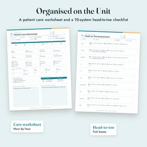 May include: Two white clinical documents titled Patient Care Worksheet and Head-to-Toe Assessment. The forms feature teal and orange accents, organised tables, checkboxes, and text fields for recording patient data, medical notes, and daily care tasks.