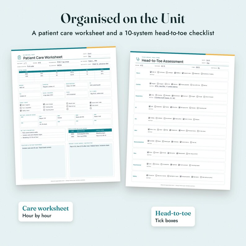 May include: Two white clinical documents titled Patient Care Worksheet and Head-to-Toe Assessment. The forms feature teal and orange accents, organised tables, checkboxes, and text fields for recording patient data, medical notes, and daily care tasks.