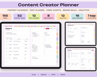May include: A digital content creator planner displayed on tablets, featuring 155 pages, 52 content weeks, 12 post planners, 8 video scripts, 12 analytics pages, and 16 hook starters. The interface includes tabs for navigation and organized weekly layouts.