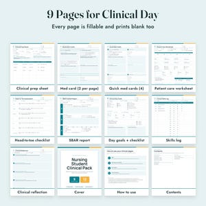 May include: A collection of 9 printable nursing student clinical pages featuring a clinical prep sheet, medication cards, patient care worksheet, head-to-toe checklist, SBAR report, clinical day goals, skills log, clinical reflection, and a cover page.