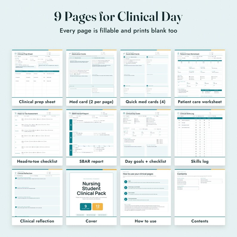 May include: A collection of 9 printable nursing student clinical pages featuring a clinical prep sheet, medication cards, patient care worksheet, head-to-toe checklist, SBAR report, clinical day goals, skills log, clinical reflection, and a cover page.