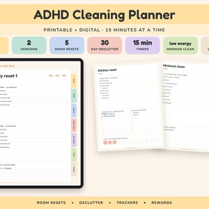 ADHD Cleaning Planner Printable and Digital, 15 Minute Home Reset Checklist, Declutter Challenge image 1