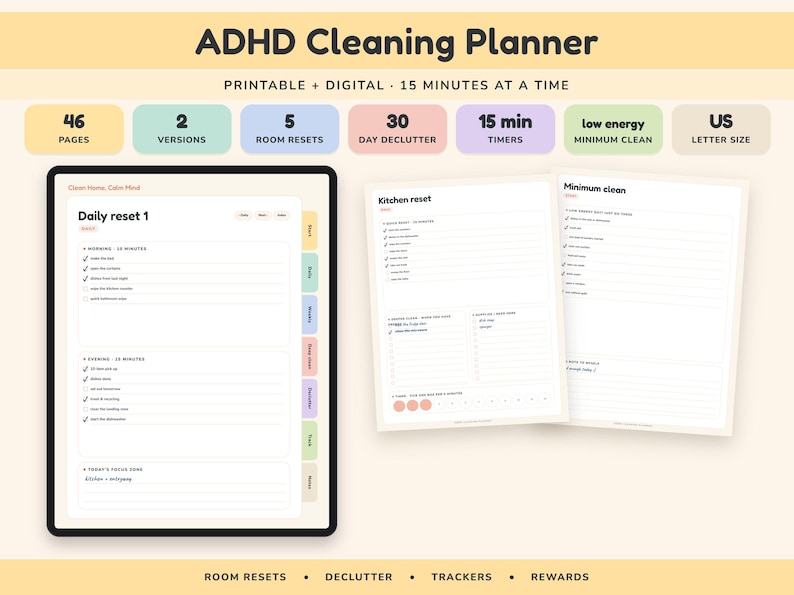 ADHD Cleaning Planner Printable and Digital, 15 Minute Home Reset Checklist, Declutter Challenge image 1