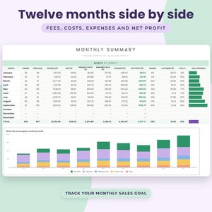 Peut inclure: Un tableur num&eacute;rique intitul&eacute; Twelve months side by side, affichant des donn&eacute;es r&eacute;capitulatives mensuelles sur les frais, les co&ucirc;ts, les d&eacute;penses et le b&eacute;n&eacute;fice net. Le tableau inclut des colonnes pour les commandes, les ventes et les objectifs.
