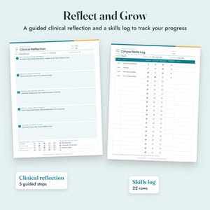 May include: Two white clinical documentation sheets with teal accents. The left sheet is titled Clinical Reflection with five guided steps. The right sheet is titled Clinical Skills Log featuring twenty-two rows for tracking progress and skills.