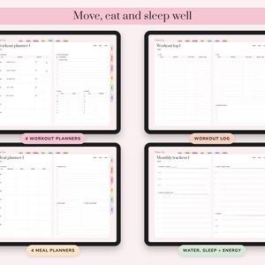 May include: Four digital tablet screens displaying health tracking templates. The screens show a workout planner, a workout log, a meal planner, and monthly trackers for water, sleep, and energy. Each interface features colorful side tabs.