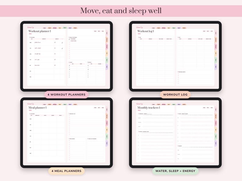 May include: Four digital tablet screens displaying health tracking templates. The screens show a workout planner, a workout log, a meal planner, and monthly trackers for water, sleep, and energy. Each interface features colorful side tabs.