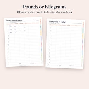 Op de afbeelding: Twee printbare gewichtstrackingbladen getiteld Pounds or Kilograms, 52-week weigh-in logs in both units, plus a daily log. Het linkerblad is een Weekly weigh-in log (lb) en het rechterblad is een Weekly weigh-in log (kg) met gekleurde tabbladen.