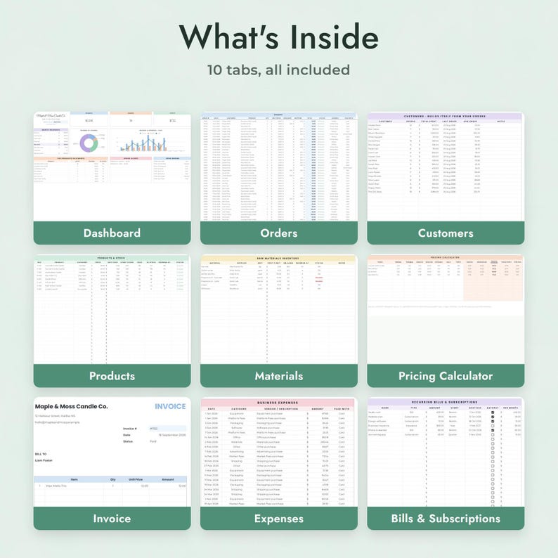 May include: A digital spreadsheet template titled What's Inside 10 tabs, all included. It displays eight distinct sections: Dashboard, Orders, Customers, Products, Materials, Pricing Calculator, Invoice, Expenses, and Bills & Subscriptions.