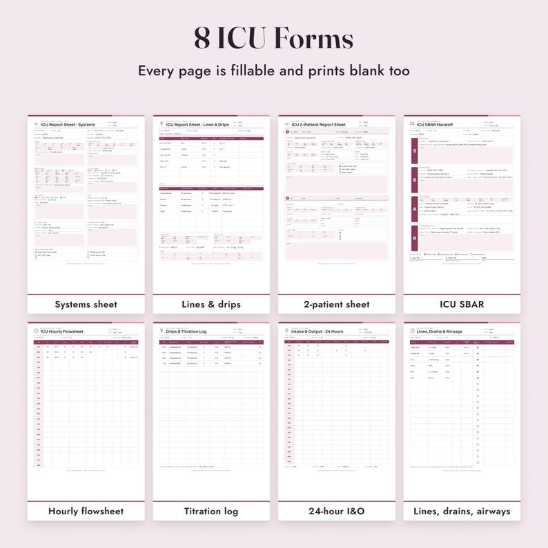 Nurse Report Sheet ICU, Fillable Critical Care Brain Sheet, Drips, Flowsheet, SBAR, Letter A4 image 3