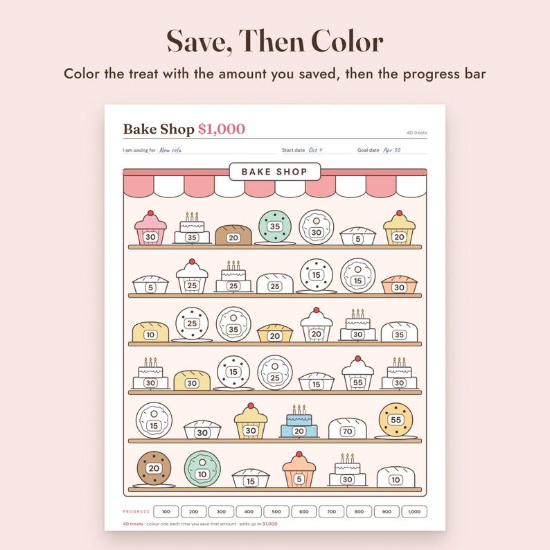 Savings Challenge Printable, Bake Shop Color In Tracker, 500 to 10000, Letter A4 image 4