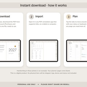 May include: An instructional graphic titled Instant download - how it works, featuring three steps: 1 Download, 2 Import, and 3 Plan. Each step includes a tablet screen displaying a digital planner interface with text, calendar layouts, and navigation tabs.
