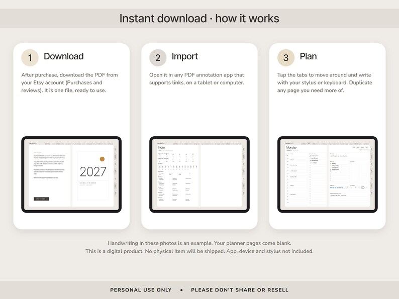May include: An instructional graphic titled Instant download - how it works, featuring three steps: 1 Download, 2 Import, and 3 Plan. Each step includes a tablet screen displaying a digital planner interface with text, calendar layouts, and navigation tabs.