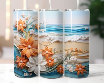 3D Beach Flowers Tumbler Wrap: Sunrise Landscape (Digital Download)