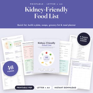 Kidney Diet Food List Printable, CKD Low Potassium Foods, Grocery List, Letter A4 image 1