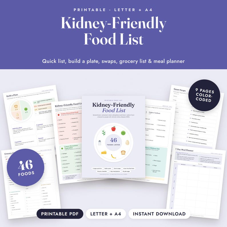 Kidney Diet Food List Printable, CKD Low Potassium Foods, Grocery List, Letter A4 image 1