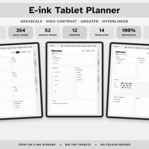 May include: A digital planner for e-ink tablets featuring 499 pages, 364 daily pages, 52 weekly pages, 12 months, 14 templates, and a 3:4 portrait aspect ratio. The interface is grayscale, high contrast, undated, and hyperlinked for navigation.