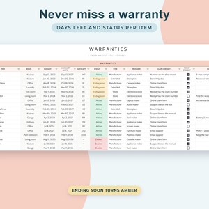 Foglio di calcolo per l'inventario domestico su Google Sheets, registro assicurativo, organizzatore per il trasloco, monitoraggio delle garanzie, elenco degli oggetti domestici immagine 7