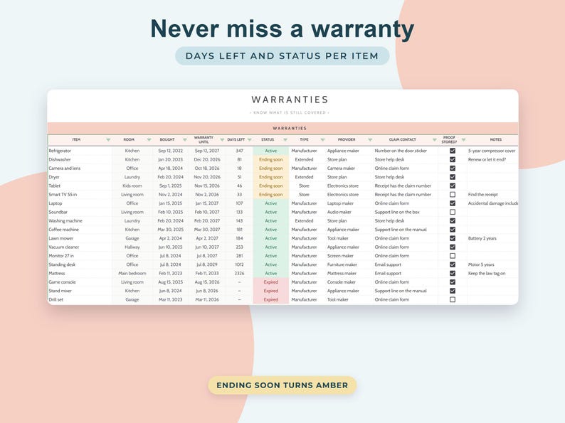Foglio di calcolo per l'inventario domestico su Google Sheets, registro assicurativo, organizzatore per il trasloco, monitoraggio delle garanzie, elenco degli oggetti domestici immagine 7