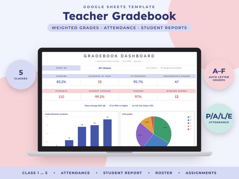 Teacher Gradebook Google Sheets, Grade Tracker, Weighted Average Calculator, Attendance Template, Student Progress Report image 1