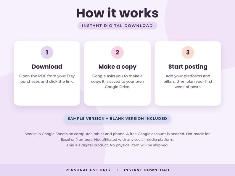 May include: An instructional graphic titled How it works, Instant Digital Download. Three numbered steps: 1 Download, 2 Make a copy, 3 Start posting. Includes text about Google Sheets compatibility, sample versions, and personal use only restrictions.