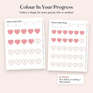 Op de afbeelding: Twee witte voortgangsbladen met de tekst Colour In Your Progress en Colour a shape for every pound, kilo or workout. Elk blad bevat rijen hartjes met nummers 1 tot 20 of 30, waarvan sommige hartjes roze zijn ingekleurd.