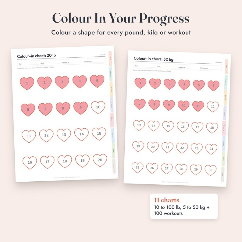 Op de afbeelding: Twee witte voortgangsbladen met de tekst Colour In Your Progress en Colour a shape for every pound, kilo or workout. Elk blad bevat rijen hartjes met nummers 1 tot 20 of 30, waarvan sommige hartjes roze zijn ingekleurd.