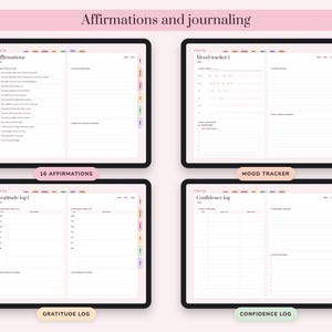 May include: A digital planner interface displayed on four screens, featuring sections titled Affirmations and journaling, Affirmations, Mood tracker 1, Gratitude log 1, and Confidence log. Each screen includes tabbed navigation, lined writing areas, and checkboxes for tracking daily habits and personal reflections.