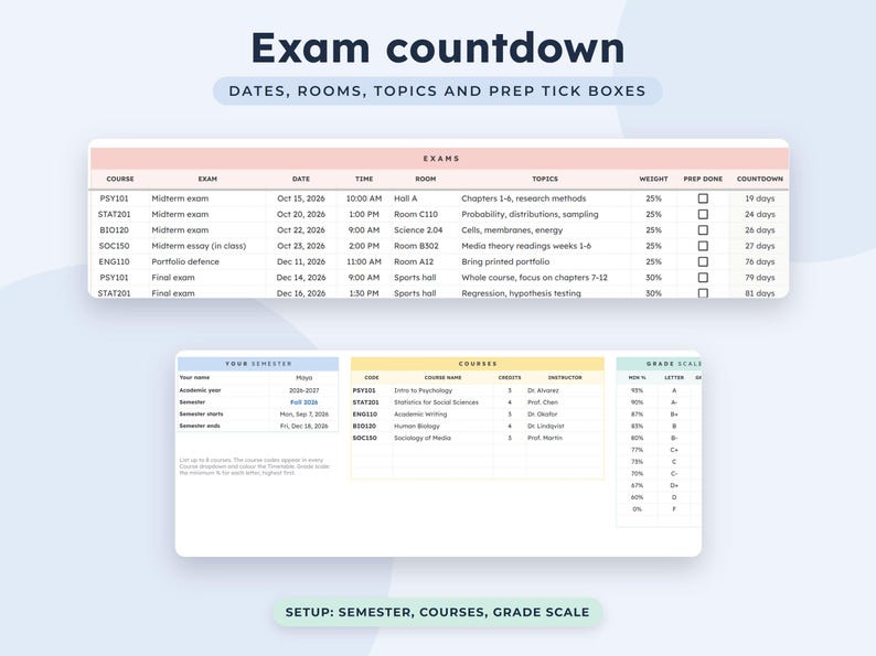 May include: A digital exam countdown planner template featuring a table for exam dates, rooms, topics, and prep checkboxes, alongside a semester overview section with course details, instructor names, and a grade scale table with percentage columns.