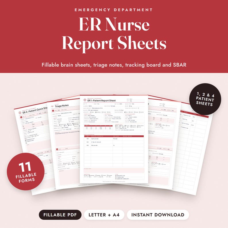 ER Nurse Report Sheet, Fillable Emergency Nurse Brain Sheet, Triage Notes, SBAR, Tracking Board image 1
