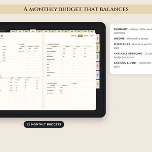 May include: A digital budget planner displayed on a tablet screen, featuring a March monthly view with sections for income, fixed bills, variable spending, and savings. The interface includes tabs for navigation and text detailing budget categories.