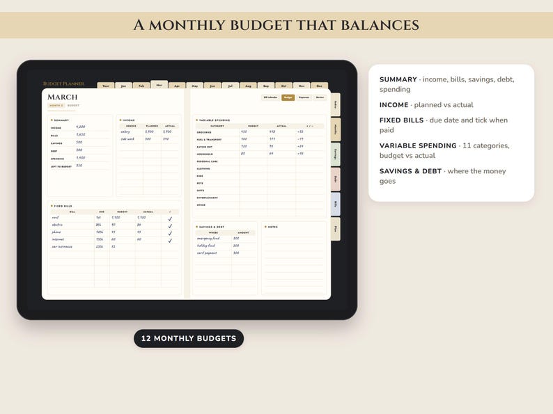 May include: A digital budget planner displayed on a tablet screen, featuring a March monthly view with sections for income, fixed bills, variable spending, and savings. The interface includes tabs for navigation and text detailing budget categories.