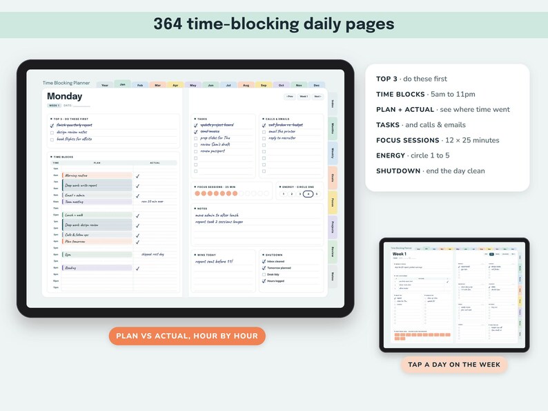Time Blocking Planner Digital, Undated Productivity Journal, Hourly Schedule, Priority Matrix, Focus Session Log image 2