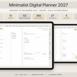 May include: A digital planner for 2027 displayed on two tablets. The interface features a Monday start, 515 pages, 12 months, 53 weekly spreads, 365 daily pages, 27 templates, and 5 sections. The layout includes a schedule, to-do list, and notes.