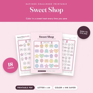 Savings Challenge Printable, Sweet Shop Candy Color In Tracker, 500 to 10000, Letter A4 image 1