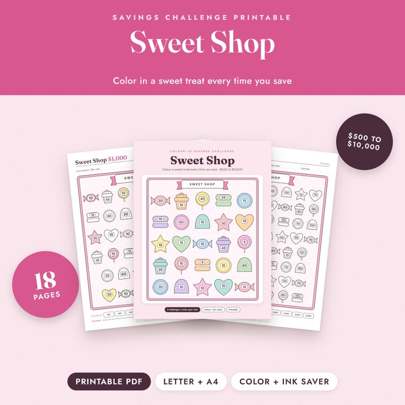 Savings Challenge Printable, Sweet Shop Candy Color In Tracker, 500 to 10000, Letter A4 image 1